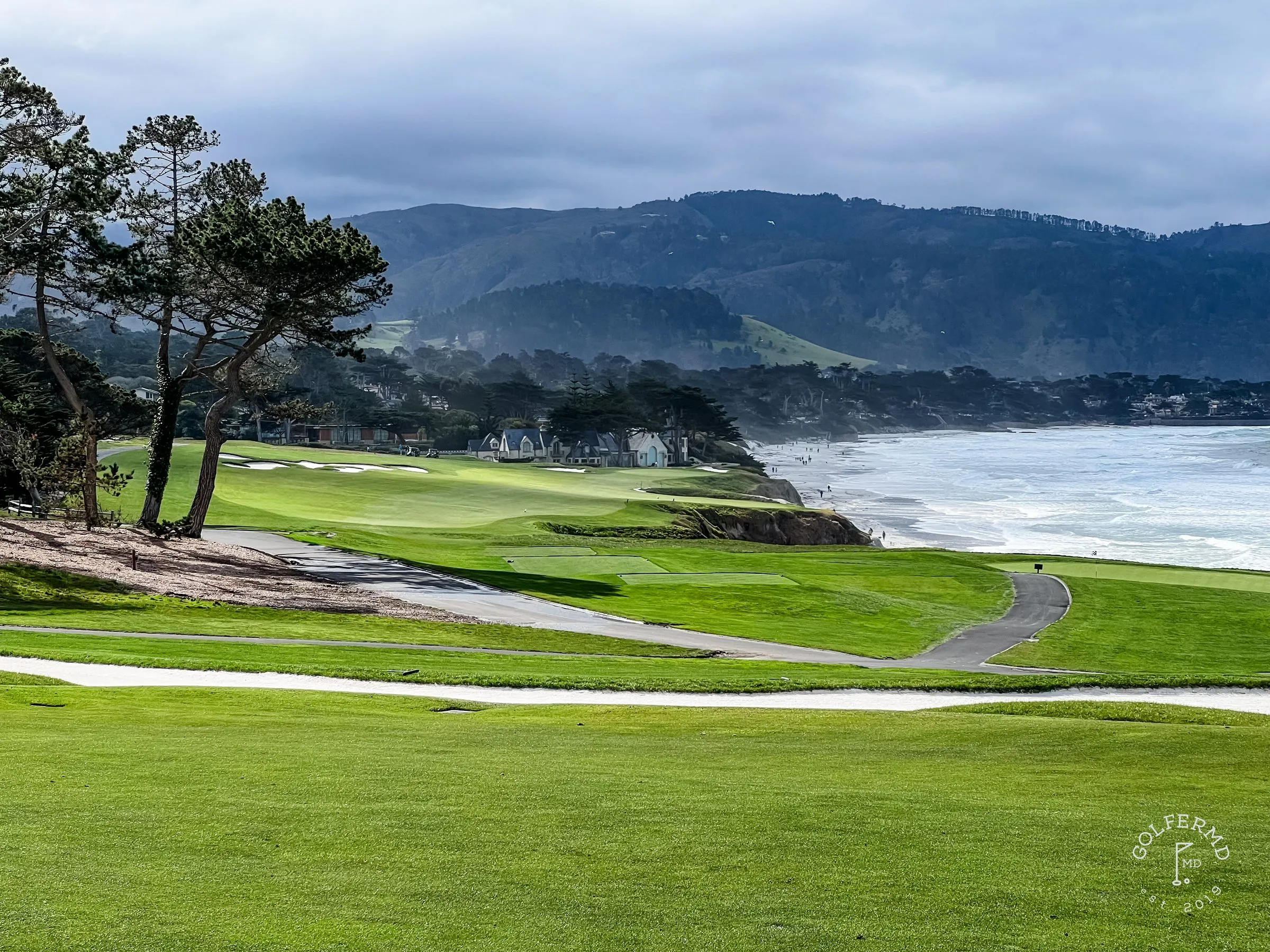 A fairway between dark trees toward the ocean, with a red flag on the green.