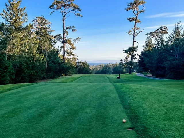A green and flagstick in the dunes at Spyglass Hill Golf Course, with the ocean beyond.