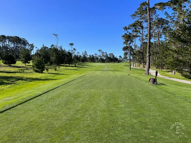 A fairway running toward the ocean at Spyglass Hill Golf Course, with dunes on both sides.
