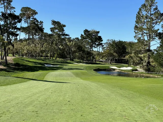 A fairway through the dunes toward the ocean at Spyglass Hill Golf Course.