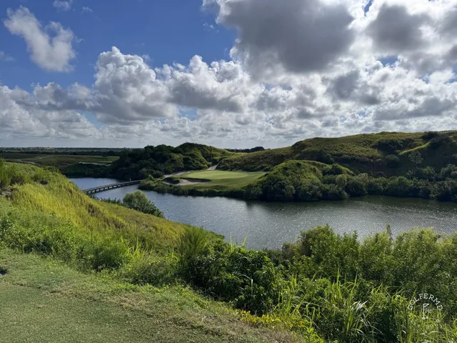 A green and flagstick at the Blue Course, with a deep sand bunker in front and dunes behind the hole.