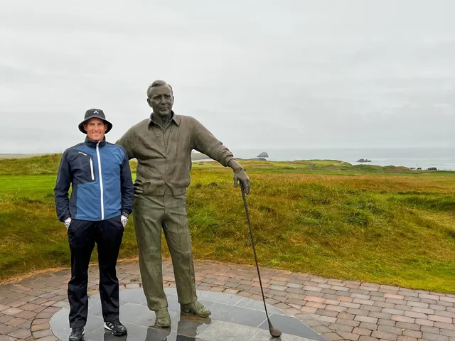 A wide panorama of Tralee Golf Club, with several holes along the coast.