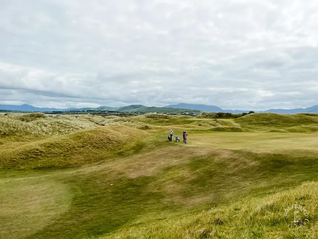 A close view of a green at Waterville, the flagstick framed by marram grass.