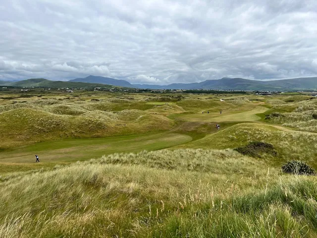 The dunes at Waterville, with the beach and the mountains on the horizon.