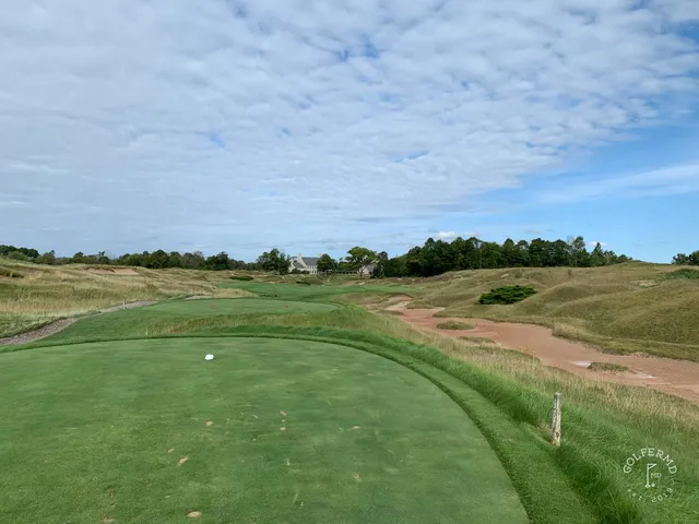 A wide panorama of Whistling Straits, several holes along Lake Michigan.