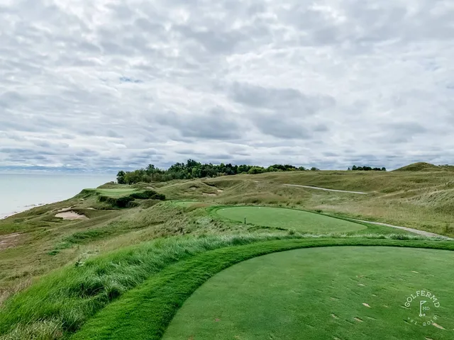 The dunes and Lake Michigan from a tee on the Straits Course.