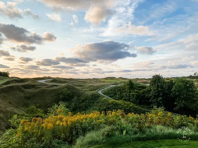 A close view of a green on the Straits Course, the flagstick framed by fescue.