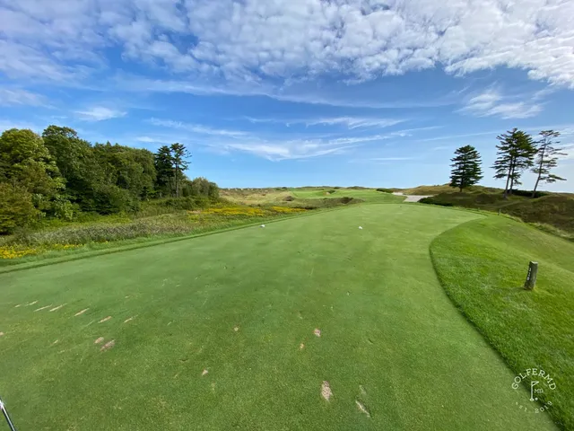 A fairway on the Straits Course crossing a saddle in the dunes, the lake showing beyond.