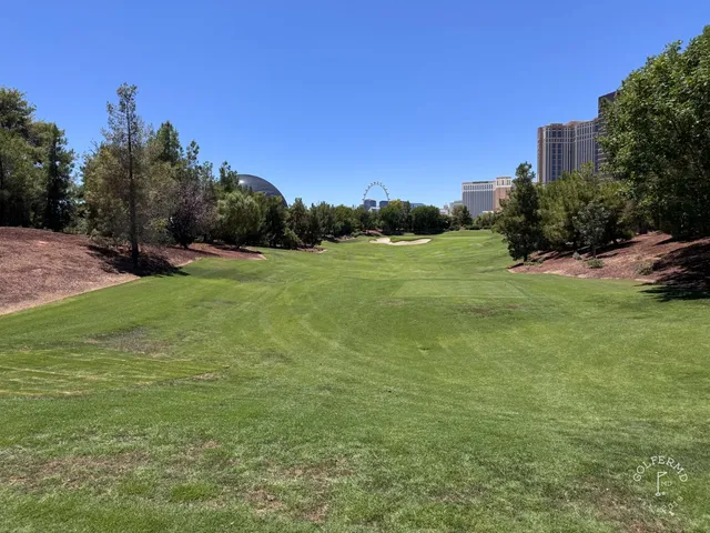A golfer putting on a green at Wynn Golf Club, with the mountains beyond the hole.