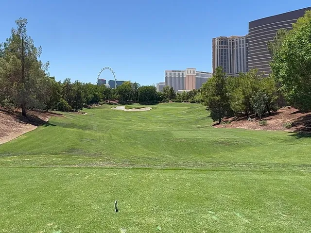 A close view of a green and flagstick at Wynn Golf Club, with palm trees and the Strip behind.