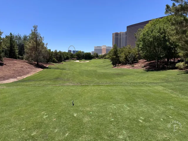 A fairway and green at Wynn Golf Club, with a bunker in the foreground and the skyline beyond.