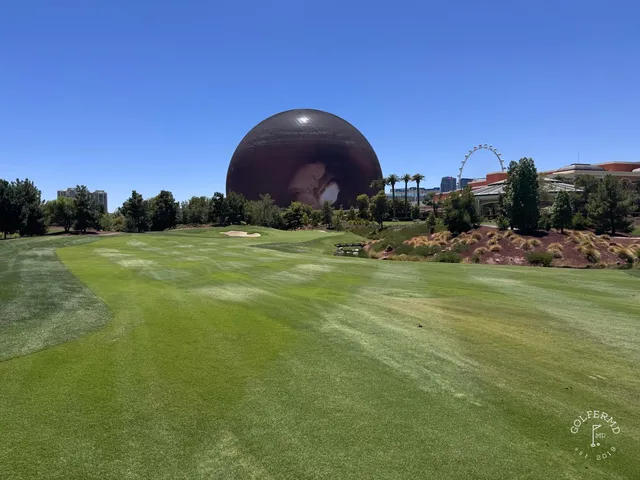 A fairway at Wynn Golf Club with a bunker along one side and palm trees beyond.